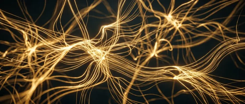 Abstract AI automation and intelligent workflow illustration in Four Pillar Marketing's pine and gold brand style