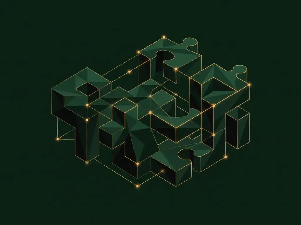 Abstract custom API integration illustration in Four Pillar Marketing's pine and gold brand style