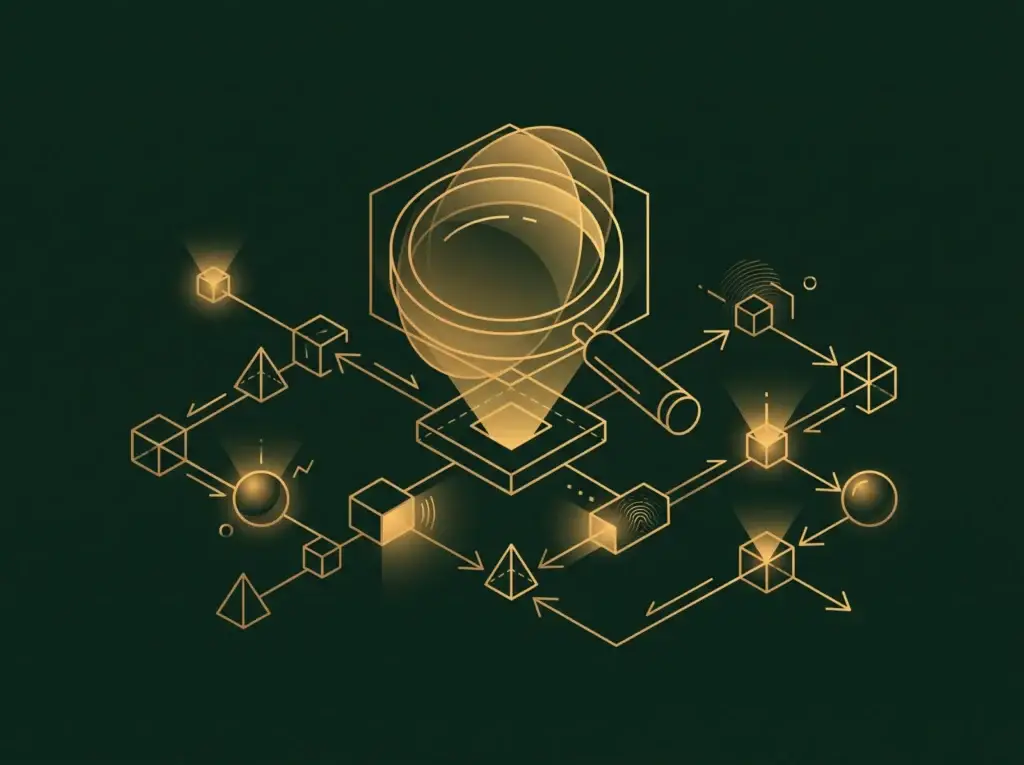 Abstract automation audit illustration in Four Pillar Marketing's pine and gold brand style