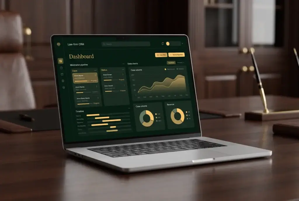 Abstract law firm scales-of-justice and intake pipeline illustration in Four Pillar Marketing's pine and gold brand style