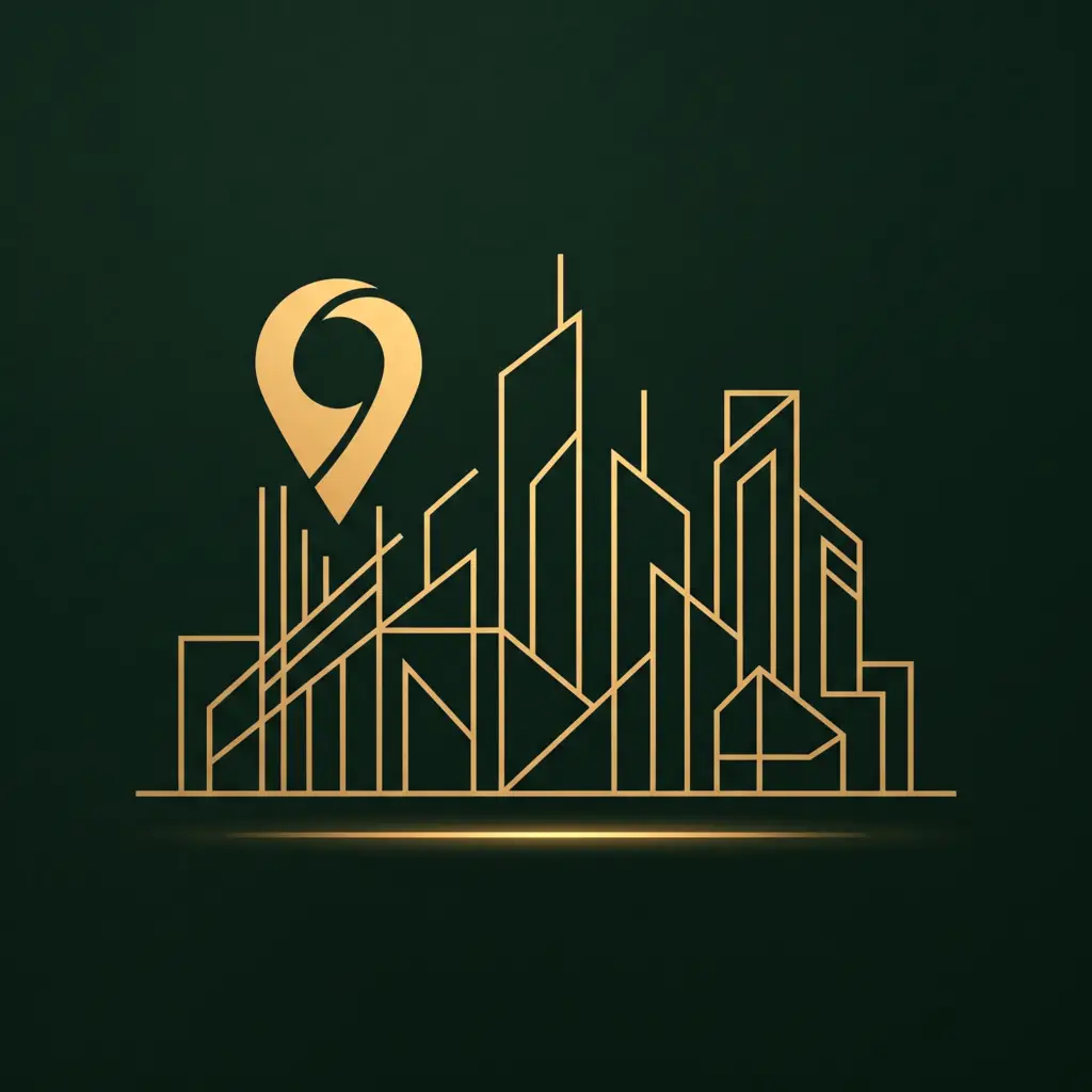 Abstract city skyline with location pin illustration in gold and dark green