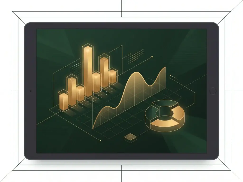 Abstract reporting and attribution dashboard illustration in Four Pillar Marketing's pine and gold brand style