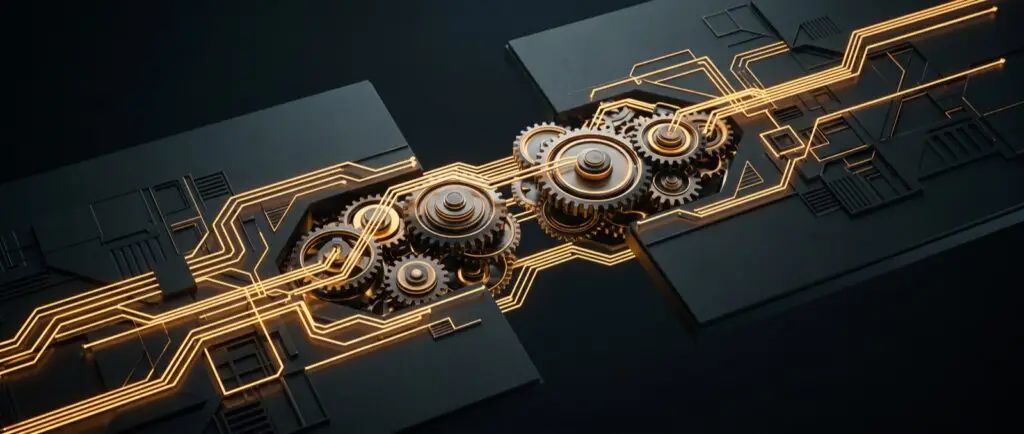 Abstract web automation and connected-tools illustration in Four Pillar Marketing's pine and gold brand style