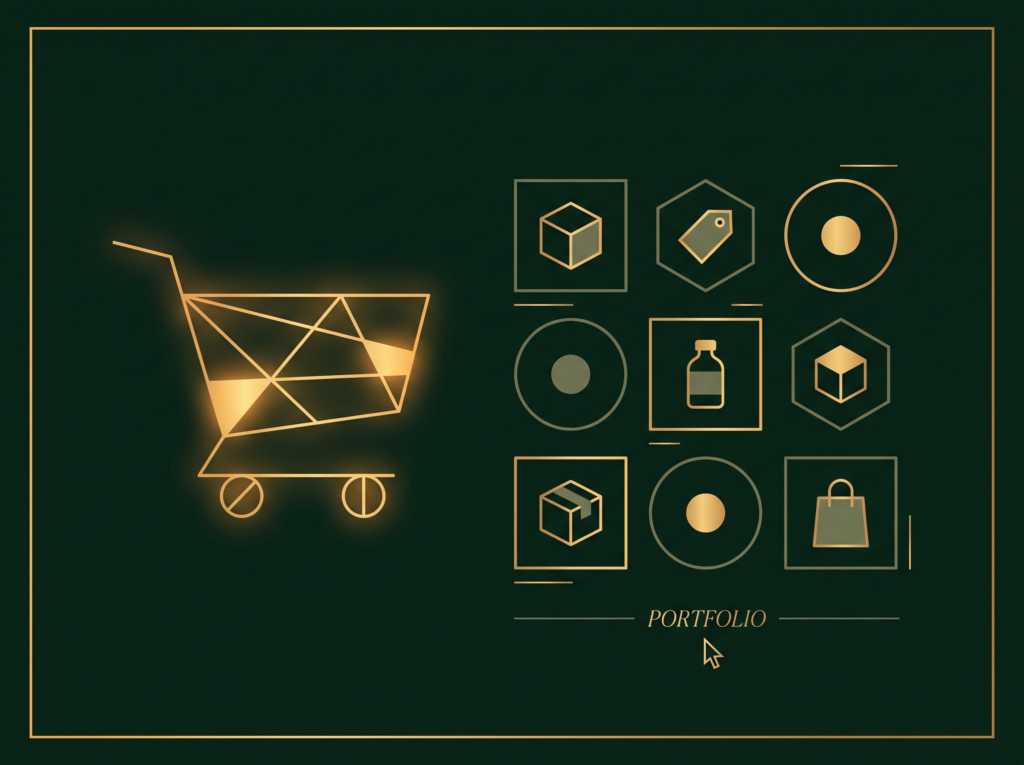 Abstract e-commerce brand illustration in Four Pillar Marketing's pine and gold brand style
