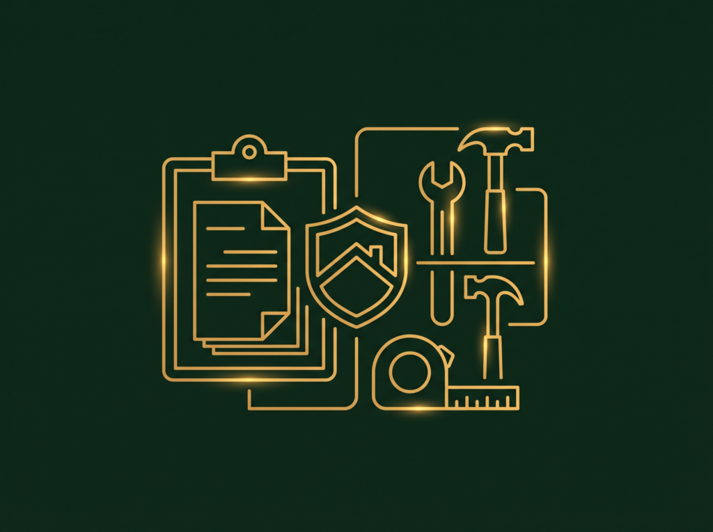 Abstract insurance claims and restoration illustration in Four Pillar Marketing's pine and gold brand style