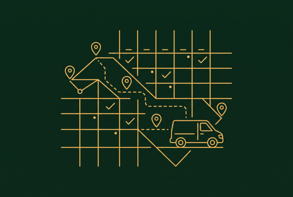 Abstract local services illustration in Four Pillar Marketing's pine and gold brand style