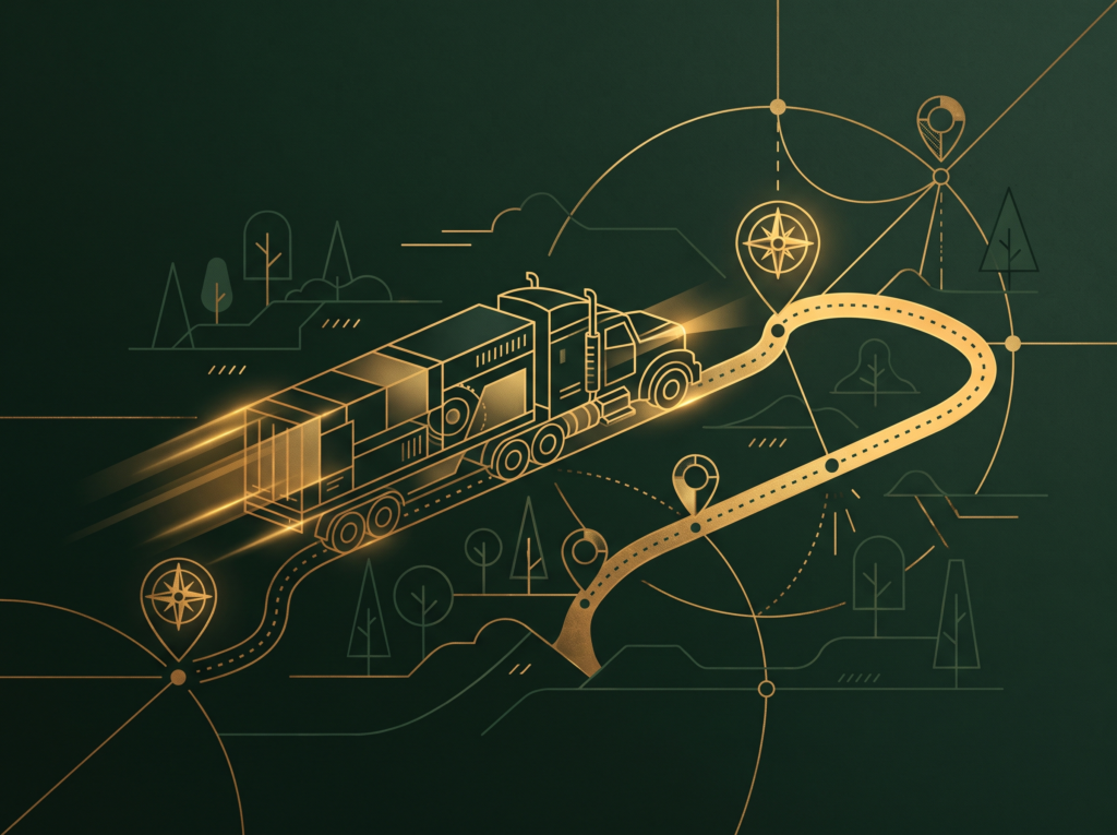 Abstract logistics and transportation illustration in Four Pillar Marketing's pine and gold brand style
