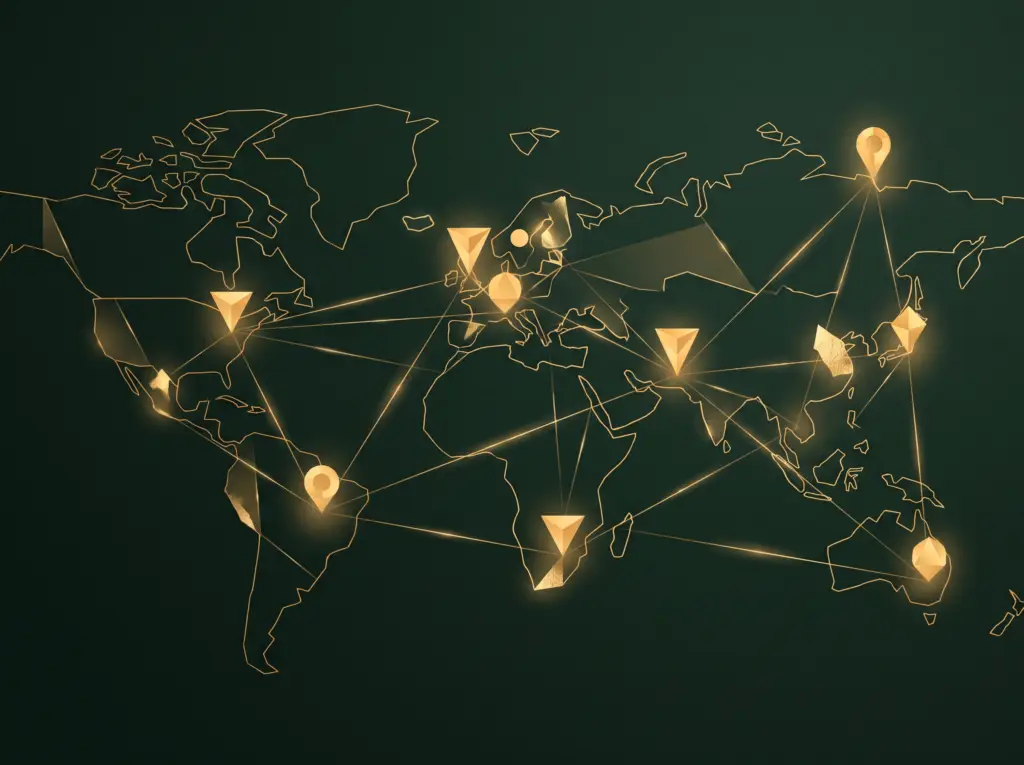 Abstract multi-location business illustration in Four Pillar Marketing's pine and gold brand style