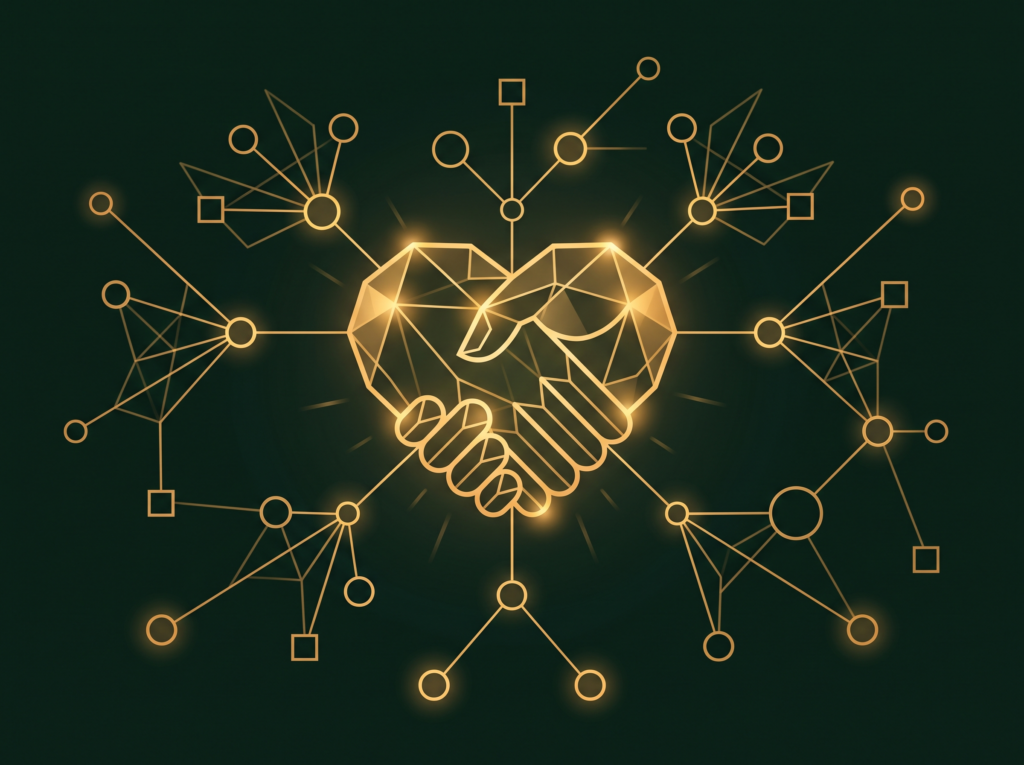 Abstract nonprofit and community outreach illustration in Four Pillar Marketing's pine and gold brand style