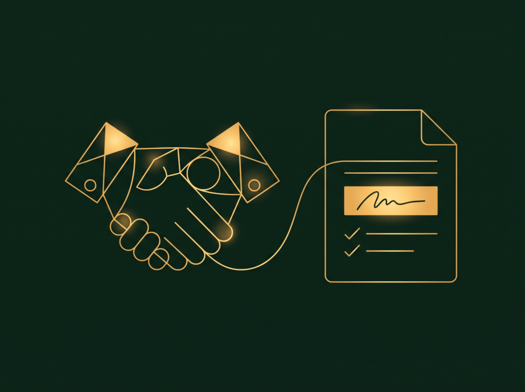 Abstract professional services illustration in Four Pillar Marketing's pine and gold brand style