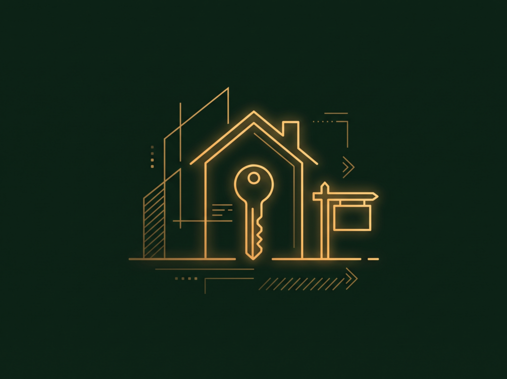 Abstract real estate illustration in Four Pillar Marketing's pine and gold brand style