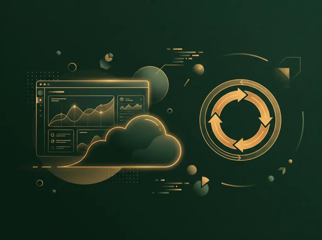 Abstract SaaS company illustration in Four Pillar Marketing's pine and gold brand style